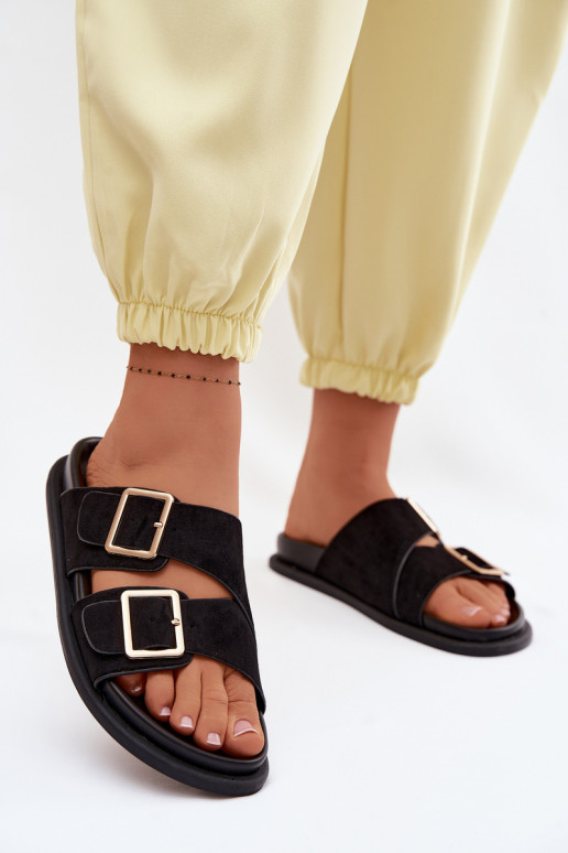 Pantoufles pour femmesImitacji en daimu couleur dorée avec boucles couleur noire Selissea