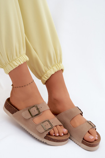Peau Chaussons femme en daim avec boucles beige Rosaliae