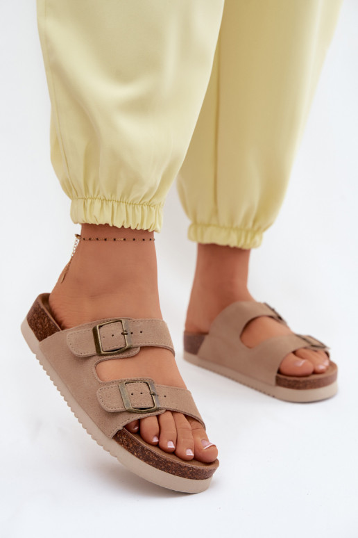 Peau Chaussons femme en daim avec boucles beige Rosaliae