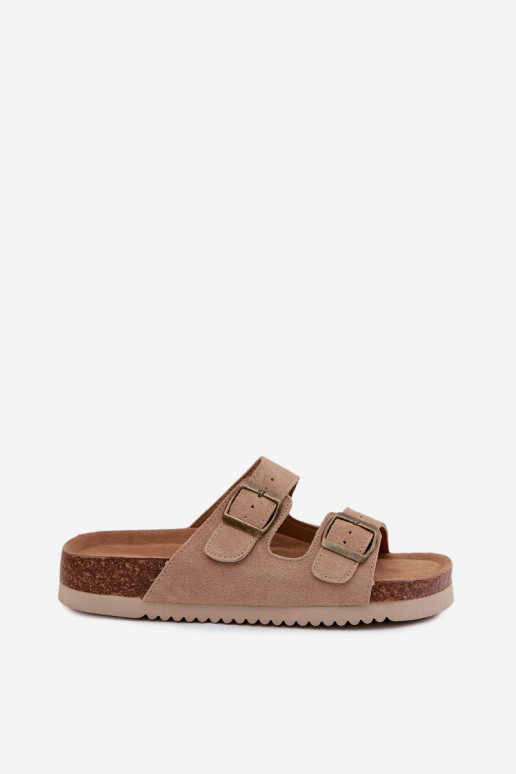 Chaussons en cuir daim couleur sable avec boucles Rosaliae