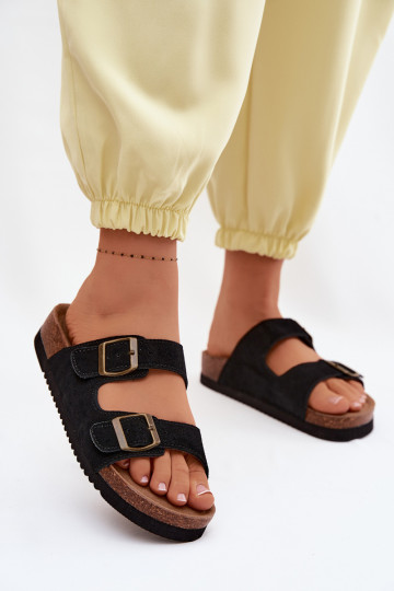 Peau Chaussons femme en daim avec boucles couleur noire Rosaliae