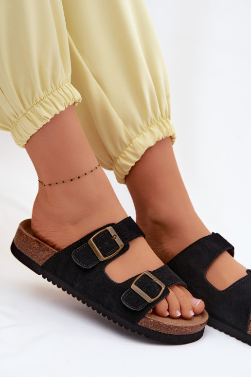 Chaussons en cuir daim noir avec boucles Rosaliae