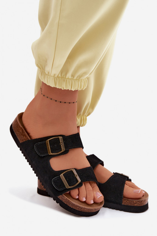 Chaussons en cuir daim noir avec boucles Rosaliae