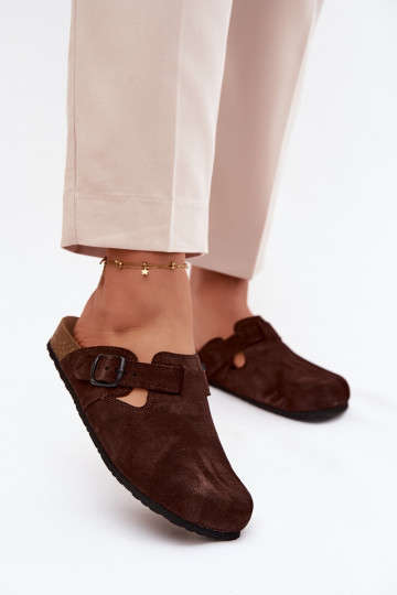 Mules en cuir daim avec boucles Zazoo 1905, couleur chocolat