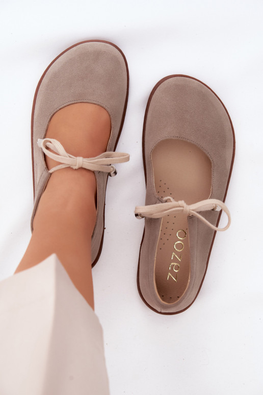 Ballerines barefoot en cuir daim avec sangles Zazoo 021, couleur cappuccino