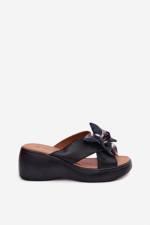 Chaussons en cuir à plateforme avec fleurs décoratives Vinceza 41511, couleur noire