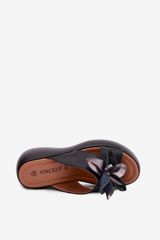 Chaussons en cuir à plateforme avec fleurs décoratives Vinceza 41511, couleur noire