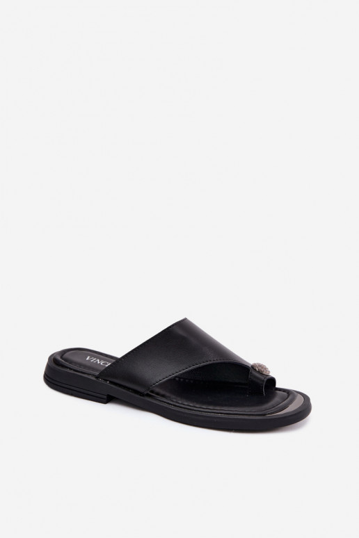 Chaussons en cuir noirs pour femmes avec large talon Vinceza 62307