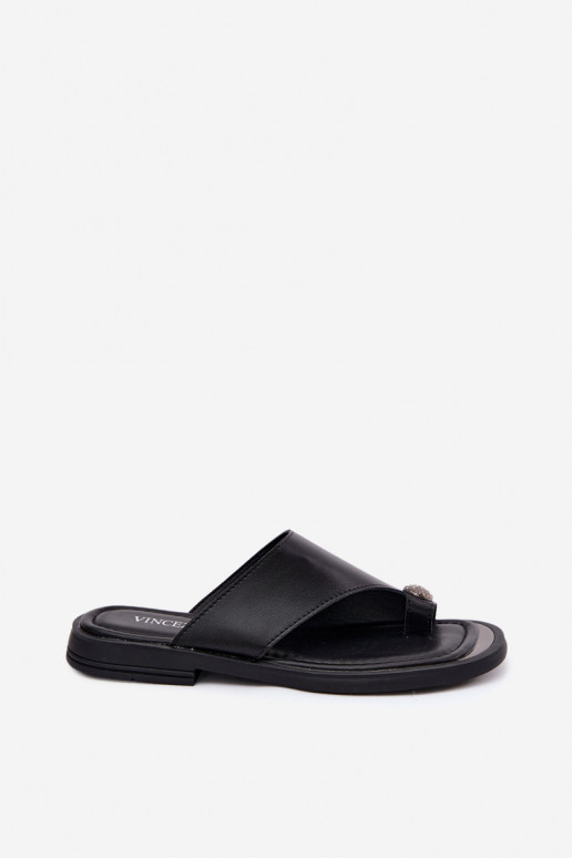 Chaussons en cuir noirs pour femmes avec large talon Vinceza 62307