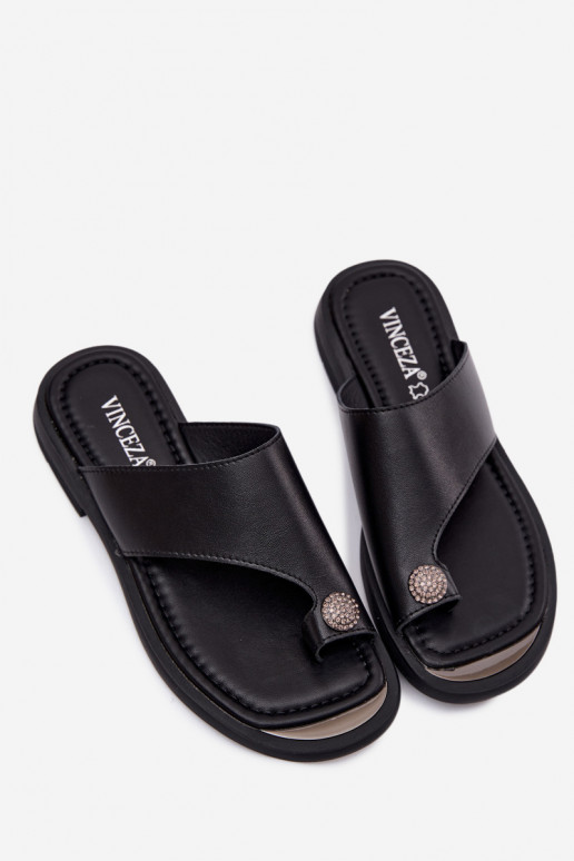 Chaussons en cuir noirs pour femmes avec large talon Vinceza 62307