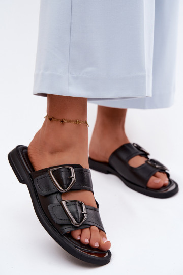 Chaussons en cuir noirs pour femmes avec boucles Vinceza 62304