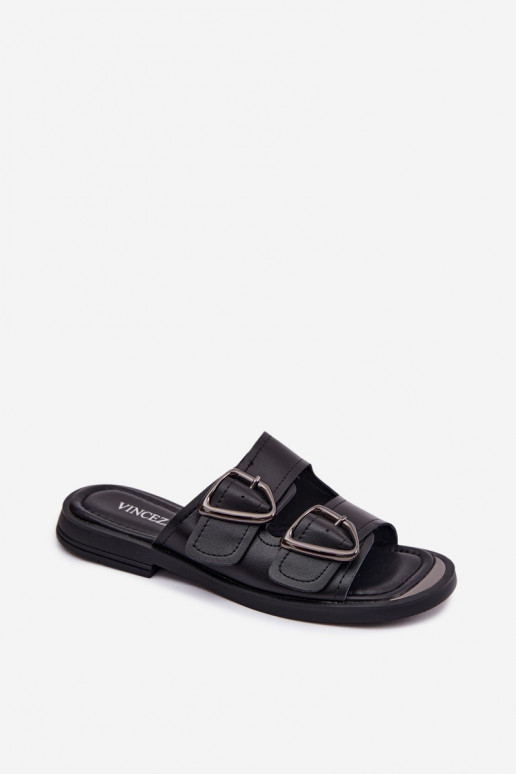 Chaussons en cuir noirs pour femmes avec boucles Vinceza 62304