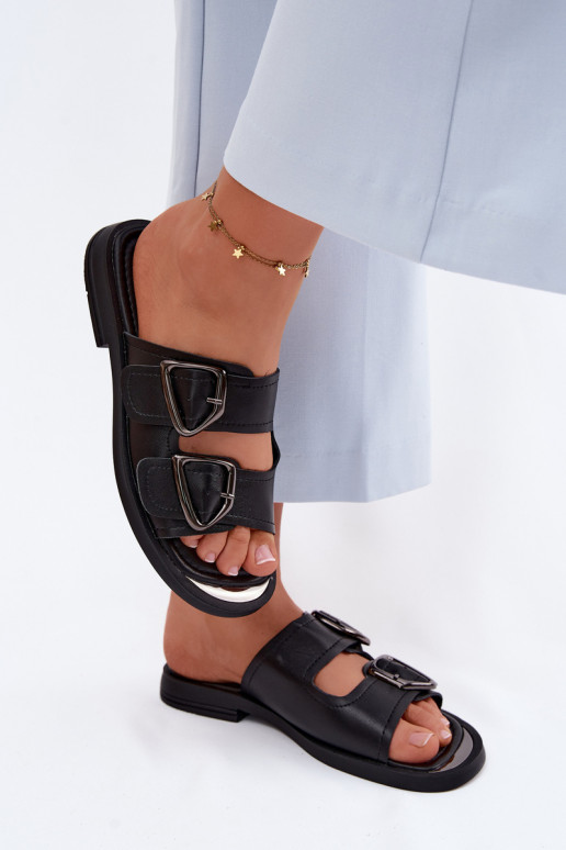 Chaussons en cuir noirs pour femmes avec boucles Vinceza 62304
