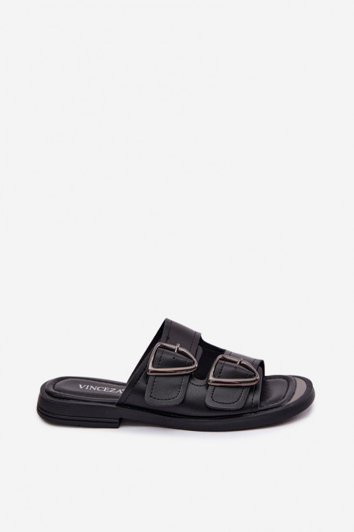 Chaussons en cuir noirs pour femmes avec boucles Vinceza 62304