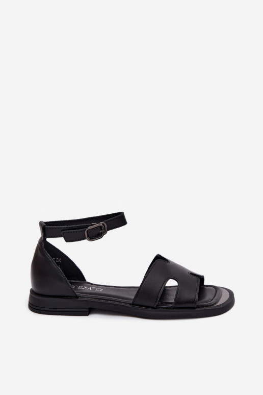Sandales noires en cuir pour femmes avec large talon Vinceza 62305