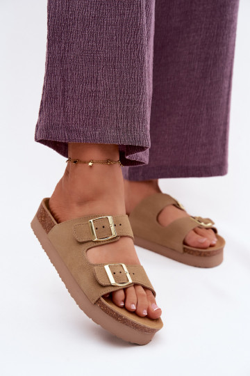 Chaussons en cuir à plateforme avec boucles Vinceza 102657, couleur sable 2