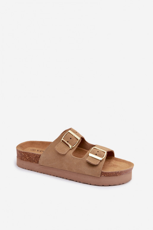 Chaussons en cuir à plateforme avec boucles Vinceza 102657, couleur sable