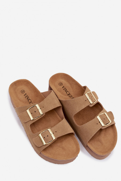 Peau Chaussons femme en daim avec une plateforme avec boucles Vinceza 102657 beige