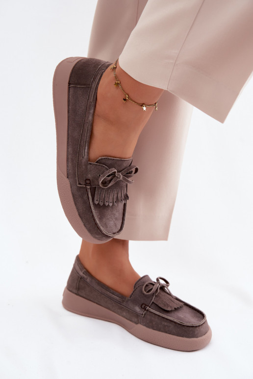 Mocassins en simili daim pour femmes avec nœuds et franges Vinceza 93223 en marron