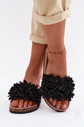 Chaussons en simili cuir noir sur semelle en liège avec motifs floraux Seleneza