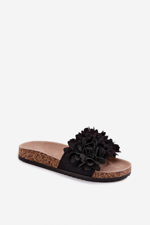 Chaussons en simili cuir noir sur semelle en liège avec motifs floraux Seleneza