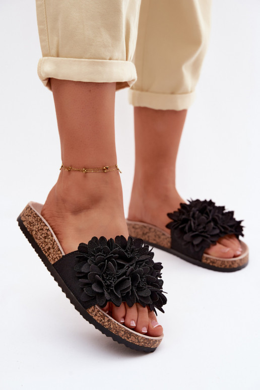 Chaussons en simili cuir noir sur semelle en liège avec motifs floraux Seleneza