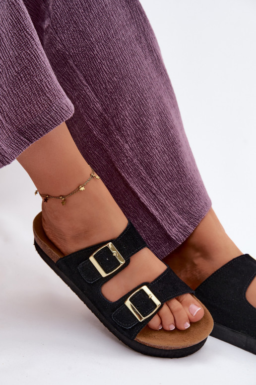 Peau Chaussons femme en daim avec une plateforme avec boucles Vinceza 102657 couleur noire