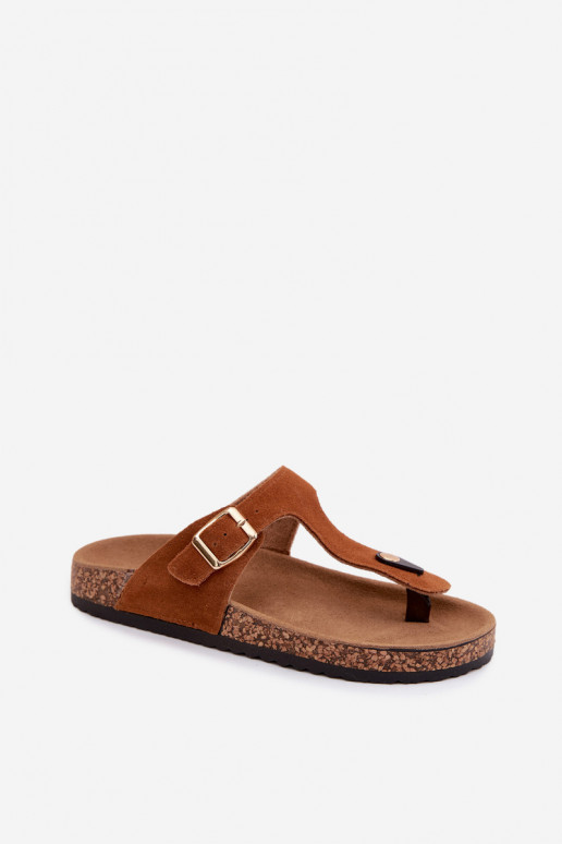 Peau Pantoufles de Suèdes Chaussons avec boucles dorées marron Honey