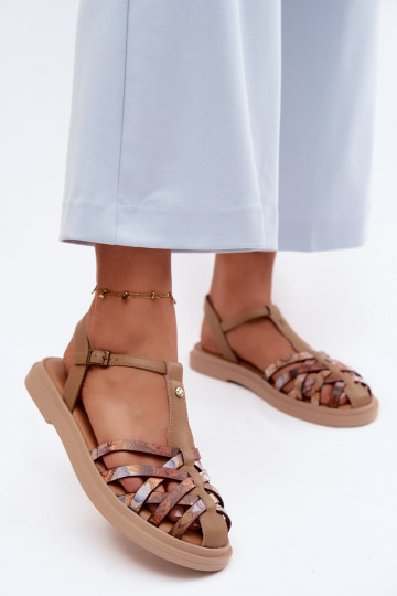 Sandales plates en cuir pour femmes avec brides couleur sable