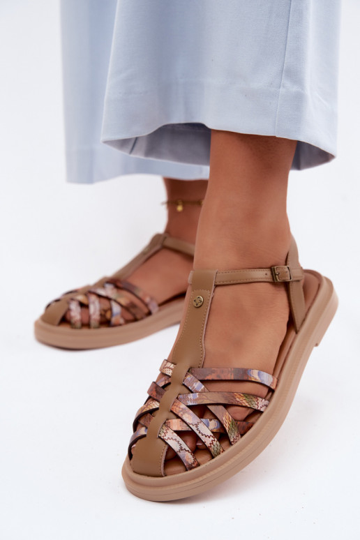 Sandales plates en cuir pour femmes avec brides couleur sable