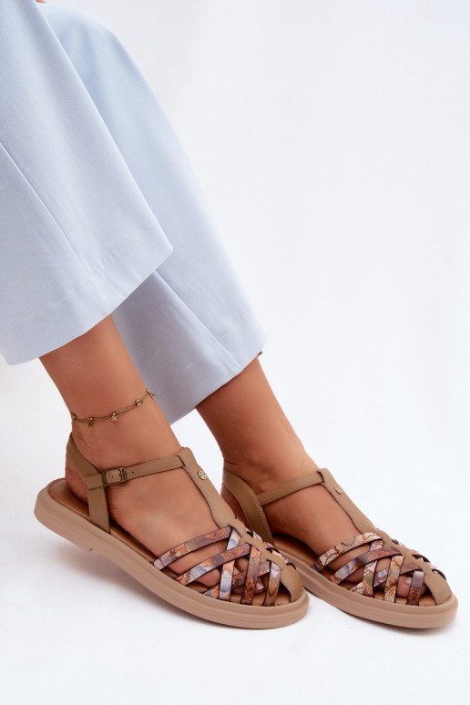 Sandales plates en cuir pour femmes avec brides couleur sable