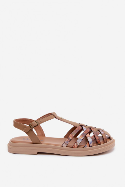 Sandales plates en cuir pour femmes avec brides couleur sable