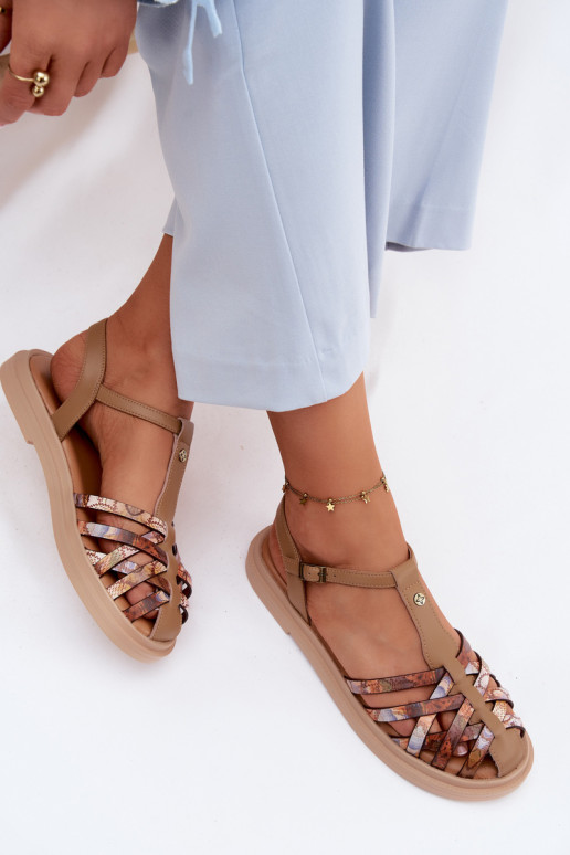 Sandales plates en cuir pour femmes avec brides couleur sable