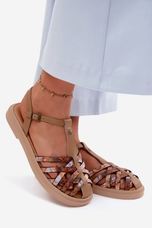 Sandales plates en cuir pour femmes avec brides couleur sable