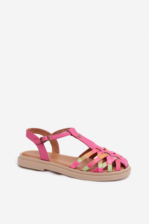 Sandales plates en cuir pour femmes avec brides roses
