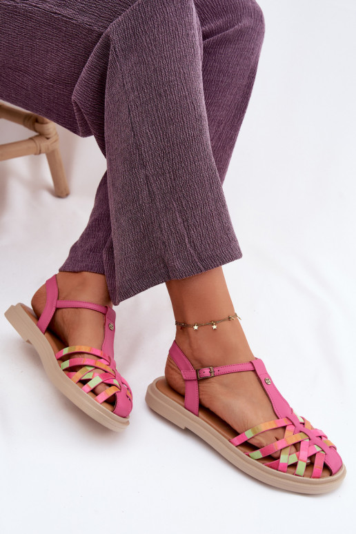 Sandales plates en cuir pour femmes avec brides roses