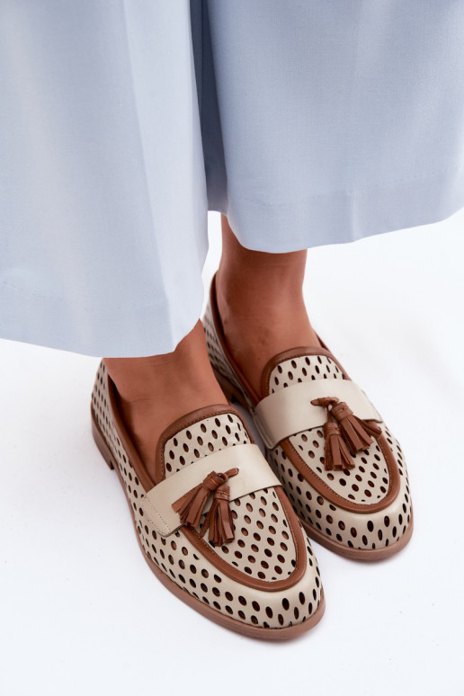 Peau avec des éléments ajourés chaussures mocassins pour femmes Il fautciejka HJ760-14 brun-beige