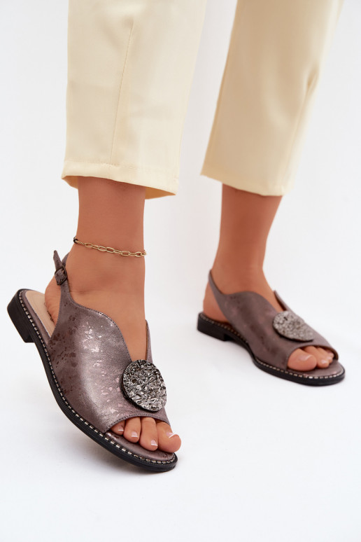Sandales pour femmes avec talons larges et ornements S.Barski KV61-6035 couleur grise