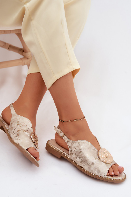 Sandales pour femmes avec talons larges et ornements S.Barski KV61-6035 couleur or