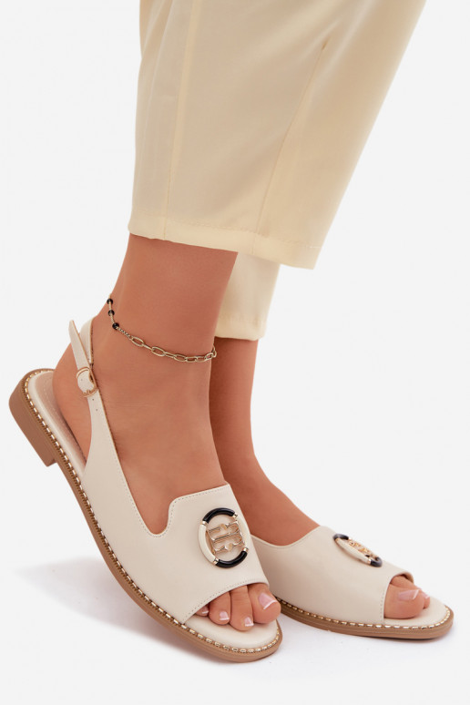Sandales pour femmes avec talons larges et ornements S.Barski KV61-6037 couleur crème