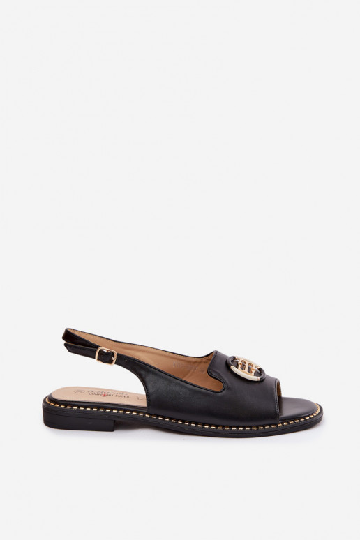 Sandales pour femmes avec des talons larges avec des ornements S.Barski KV61-6037 couleur noire