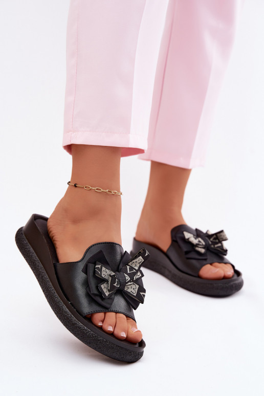 Chaussons pour femmes en cuir naturel avec nœuds S.Barski KV61-6061 couleur noire