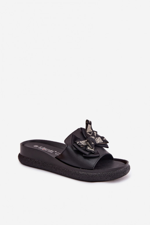 Chaussons pour femmes en cuir naturel avec nœuds S.Barski KV61-6061 couleur noire