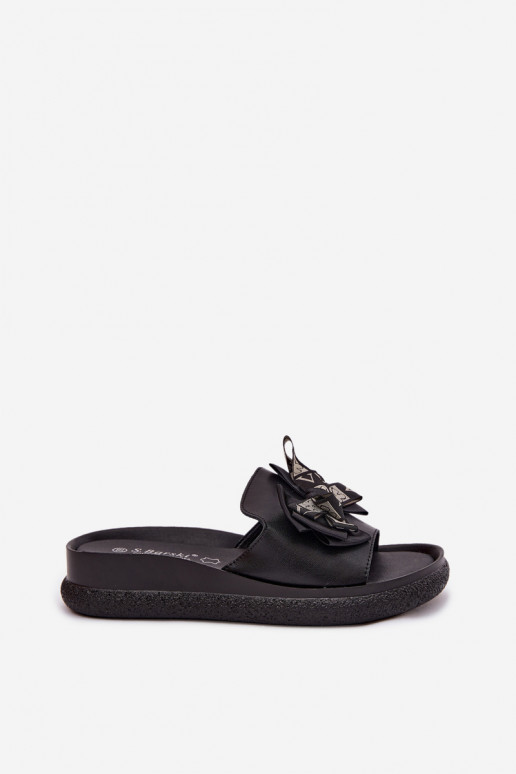 Chaussons pour femmes en cuir naturel avec nœuds S.Barski KV61-6061 couleur noire