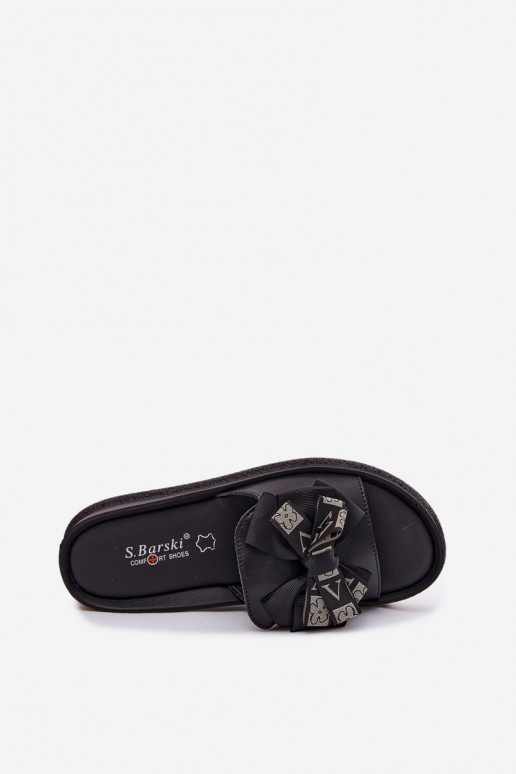 Chaussons pour femmes en cuir naturel avec nœuds S.Barski KV61-6061 couleur noire
