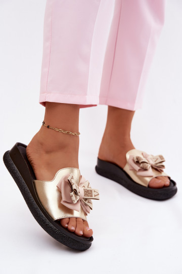 Chaussons pour femmes en cuir naturel avec nœuds S.Barski KV61-6061 couleur or 2