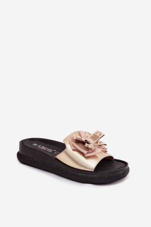 Chaussons pour femmes en cuir naturel avec nœuds S.Barski KV61-6061 couleur or