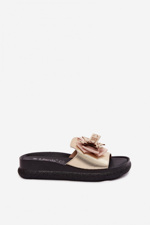 Chaussons pour femmes en cuir naturel avec nœuds S.Barski KV61-6061 couleur or