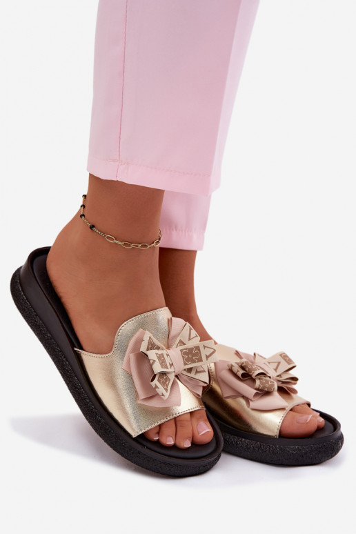 Chaussons pour femmes en cuir naturel avec nœuds S.Barski KV61-6061 couleur or