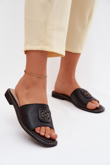 Chaussons en cuir naturel avec talons larges et décoration S.Barski KV61-6019 couleur noire